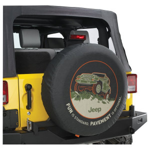 Mopar, Jeep Logo Tire Cover Black Denim, with "FUN is Standard. PAVEMENT is Optional"