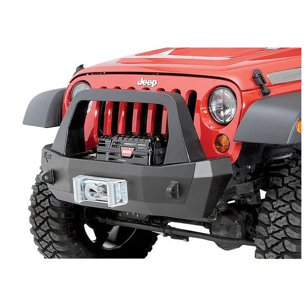 Rock Slide Engineering, Rigid Series Shorty Front Bumper with Bull Bar & Winch Mount in Textured Black, for 07-18 Jeep Wrangler JK