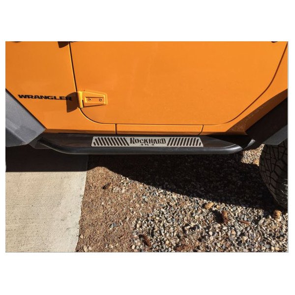 Rock Hard 4X4, Patriot Series Tube Slider Rocker Guards with Flat Step & Black Logo Plates, for 07-18 Jeep Wrangler JK 2 Door
