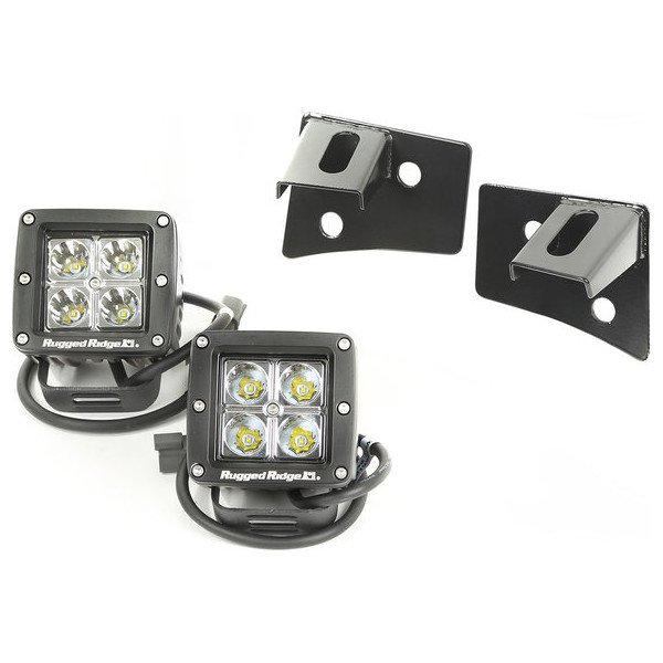 Rugged Ridge, Windshield Light Bracket Kit in Black with Square LED Lights, for 07-18 Jeep Wrangler JK Rugged Ridge, Windshield Light Bracket Kit in Black with Square LED Lights, for 07-18 Jeep Wrangler JK