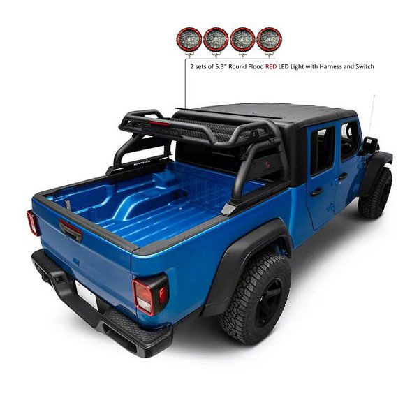Black Horse Off Road, Atlas Roll Bar, with Four 5.3" Round LED Light Kit in Red for 20-23 Jeep Gladiator JT