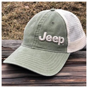 Jeep Merchandise, Jeep Logo Garment Washed Trucker Hats, in Drab Green