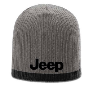 Jeep Merchandise, Jeep Logo Knit Beanie Hats, Gray with Black Logo and Trim
