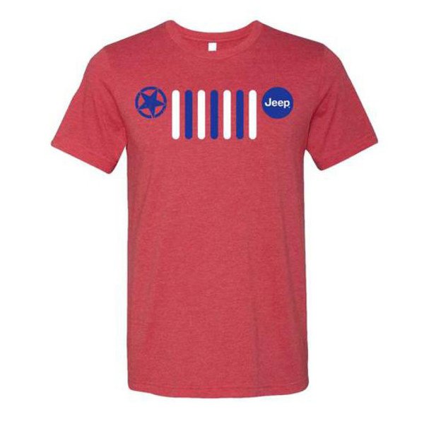 Mens Red White & Blue Jeep Grille Logo Short Sleeve T-Shirt In Heather, Small Mens Red White & Blue Jeep Grille Logo Short Sleeve T-Shirt In Heather, Small