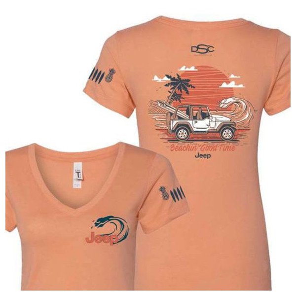 Women's Jeep Beachin' Good Time V- Neck T-Shirt in Light Orange, XS