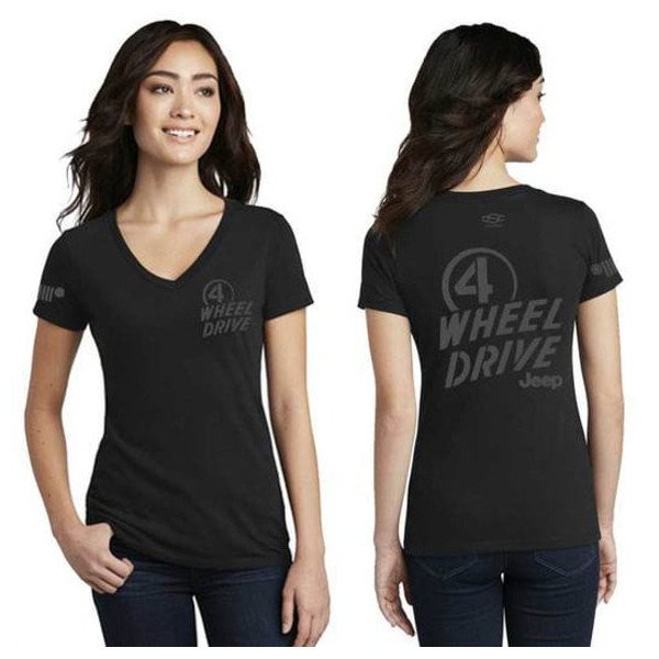 Women's Jeep Willys 4WD V-Neck T-Shirt in Black, 2 XL