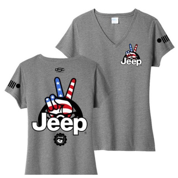 Jeep Merchandise, Ladies Jeep Wave USA V-Neck T-Shirt in Heather Grey, XS, XS Jeep Merchandise, Ladies Jeep Wave USA V-Neck T-Shirt in Heather Grey, XS, XS