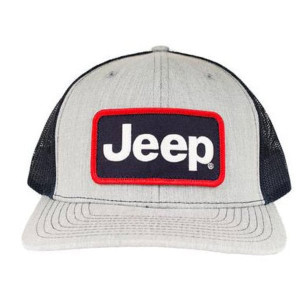 Jeep Merchandise, Jeep Logo Richardson Patch Hats, 7 Panel Flatbill Snapback Patch in Heather Grey/Black