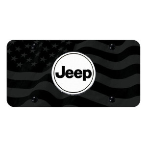 Automotive Gold, Laser Etched Jeep Word License Plate, with Subdued Wave Flag
