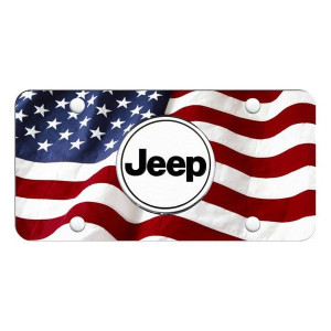Automotive Gold, Laser Etched Jeep Word License Plate, with American Wave Flag