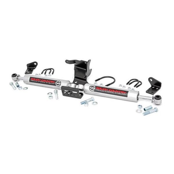 Rough Country, N3 Dual Steering Stabilizer, for 18-23 Jeep Wrangler JL & Gladiator JT with 2.5-8 Inch Lift Rough Country, N3 Dual Steering Stabilizer, for 18-23 Jeep Wrangler JL & Gladiator JT with 2.5-8 Inch Lift